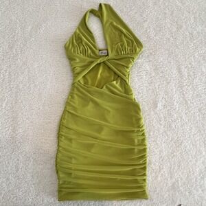 Oh Polly Lime Green Ruched Cutout Halter Bodycon Mini Dress US 2